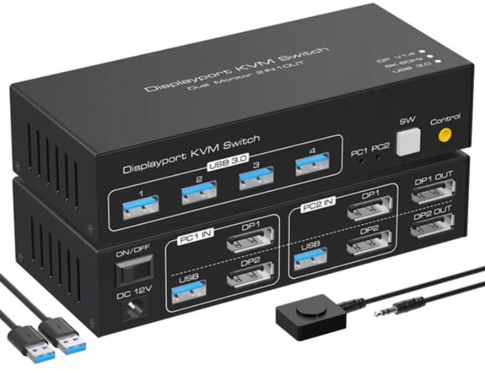 NÖRDIC KVM-152 KVM Switch - 2x2 DisplayPort1.4 - 8K60Hz 4K120Hz - 4xUSB-A 3.1 - 5Gbps