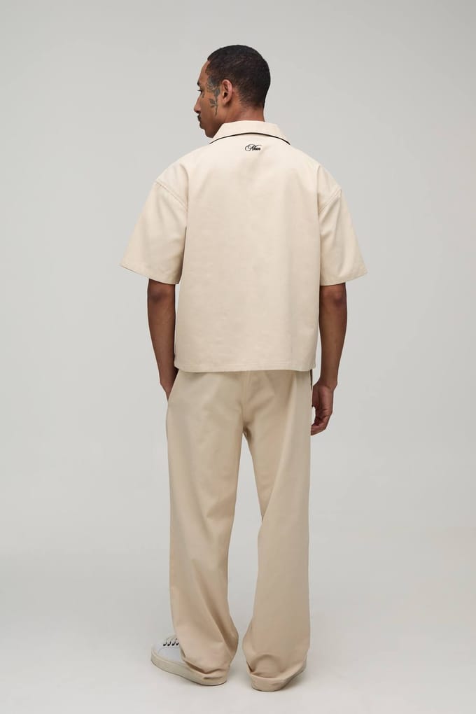 Oversized Shirt Met Zakdetail En Ontspannen Broek Set In Twill | Stone | Size Medium