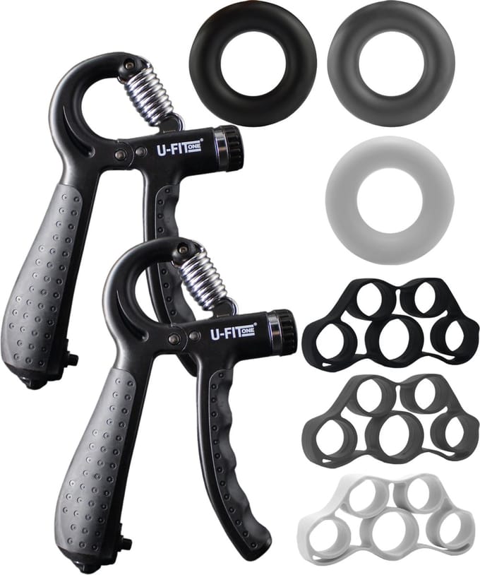 U Fit One 8 Delige Digitale Handtrainer Set - Verstelbare Teller Handgrip - Handknijper - Knijphalter- Griptrainer - Vingertrainer - Onderarm Trainer