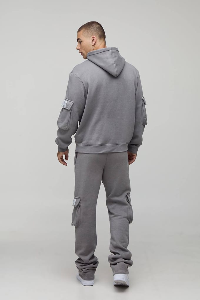 Super gestapeld geweven tab cargo trainingspak met capuchon | Charcoal | Size Medium