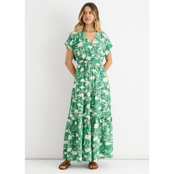 Groene maxi-jurk met bloemenprint en elastische tailleband