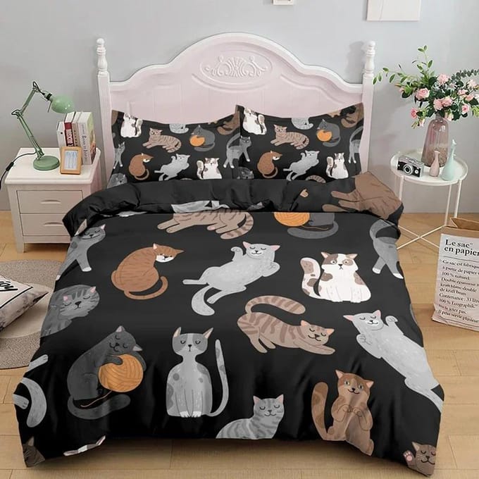 3-delige eenzijdig bedrukte beddengoedset, Dekbed Cartoon Schattige Kat Dekbedovertrek Kussens Comfortabele Spreien Beddengoedset cot size 70x133cm