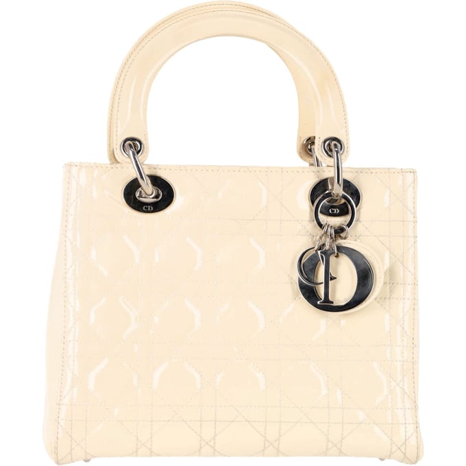 Dior Medium Lady Dior handtas met handvat in ivoorkleurig lakleer