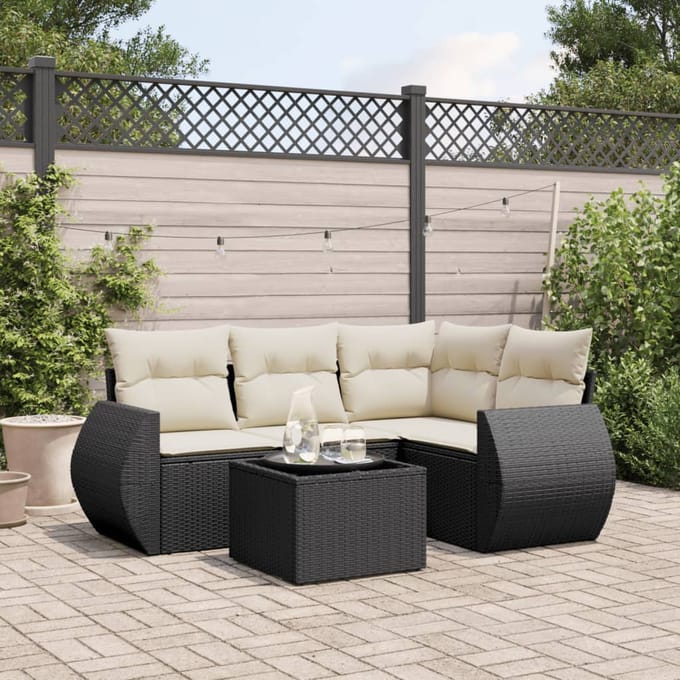 vidaXL - 5-delige - Loungeset - met - kussens - poly - rattan - zwart