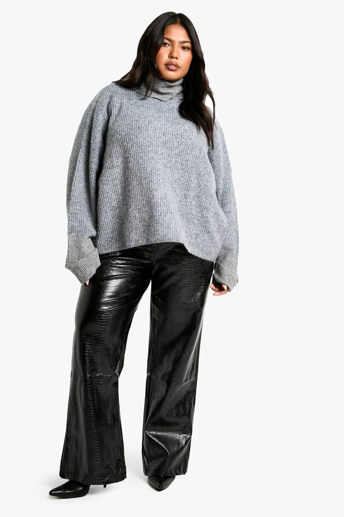 boohoo Dames Plus Croc Pu Straight Leg Broek | Black | Maat: 16