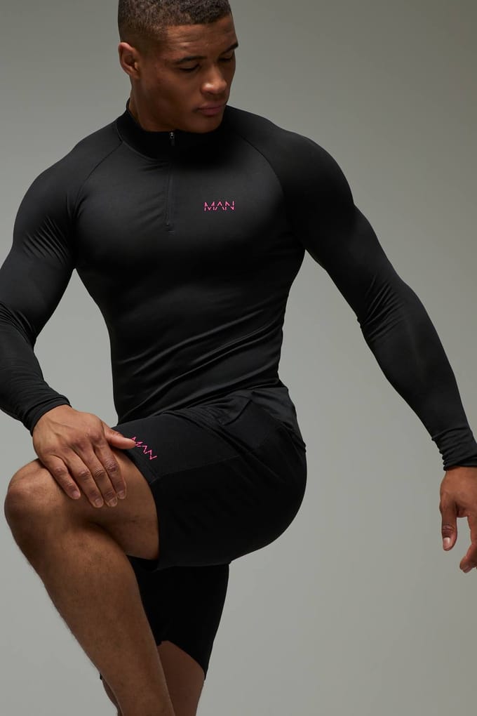 Heren Active Lichtgewicht Essentials Gym Raglan Muscle 1/4 Zip & Short Set | Black | Size Medium