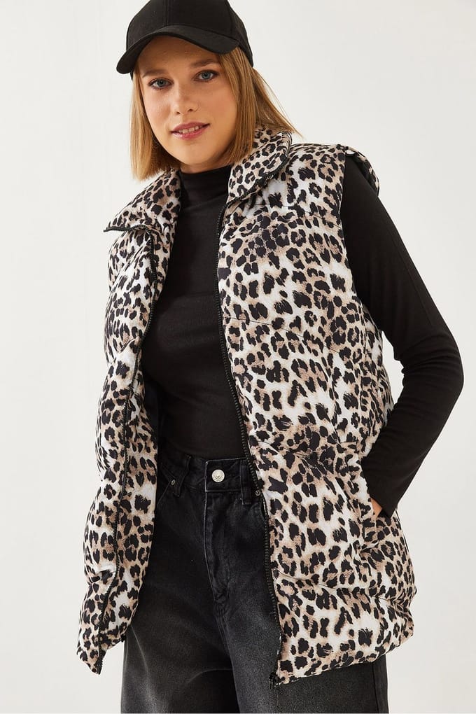 Leopardprint Mouwloze Nepleer Puffer Jacket