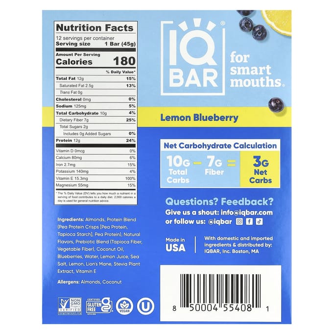 IQBAR, Barre protéinée végétale, Citron Myrtille, 12 barres, 45g (1,6 oz) chaque