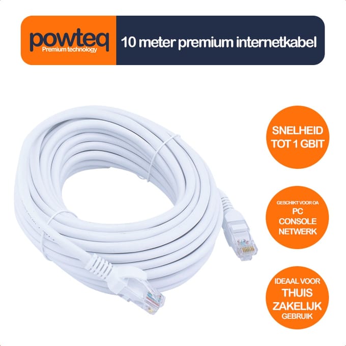 Powteq - 10 meter internetkabel - Wit - Cat 5e met RJ45 stekkers