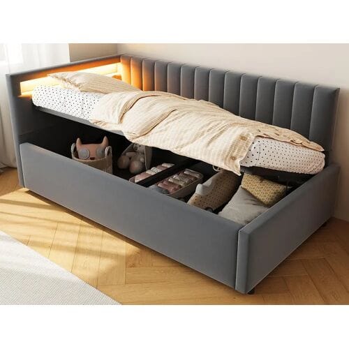 ModernLuxe 90x200cm opbergbed met LED - fluwelen stof - Grijs