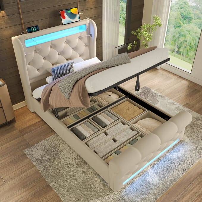 MODFU Bedframe 90x200 cm – Beige fluweel met 60.000+ LED-kleuren & USB/Type-C – Hydraulisch