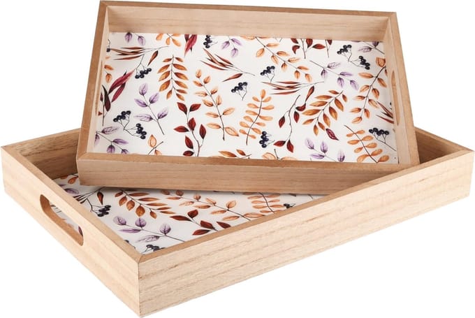 Dekoratief | Set 2 dienbladen m/herfstblaadjes, hout, 35x25x4cm | A245325