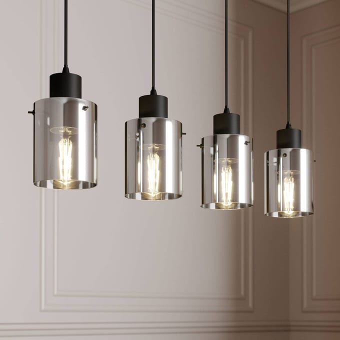Lindby - hanglamp - 4lichts - Staal, glas - H: 18 cm - E27 - zwart, rookgrijs