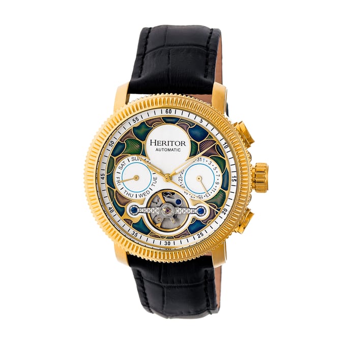 Heritor Automatic Aura Heren Semi-Skelet Lederen Band Horloge - Goud/Wit