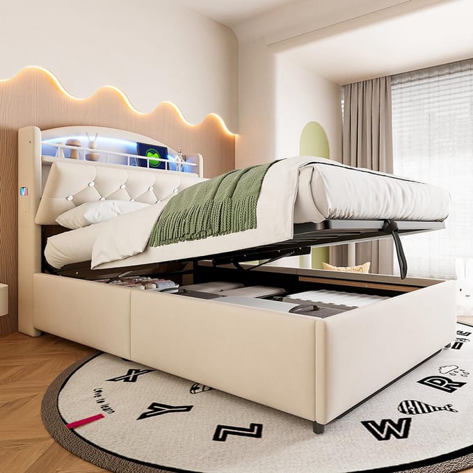 Kinderbed Chest bed 90x200 fluweel eenpersoons multifunctioneel bed met LED en USB-opbergruimte beige