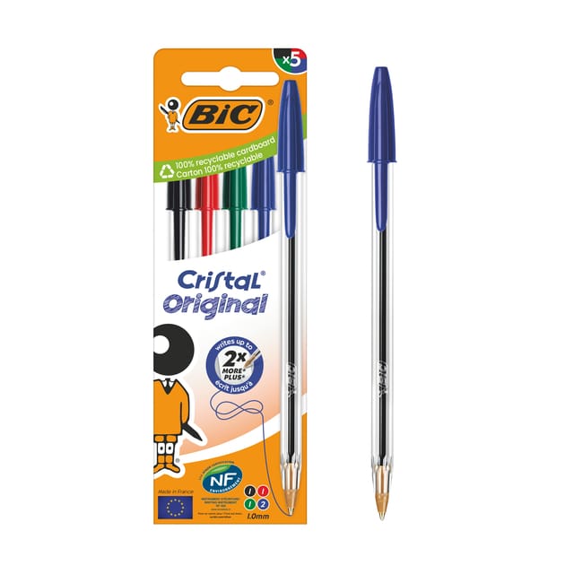 Bic Cristal balpen | medium | blister van 5 stuks: zwart | rood | groen en 2 x blauw