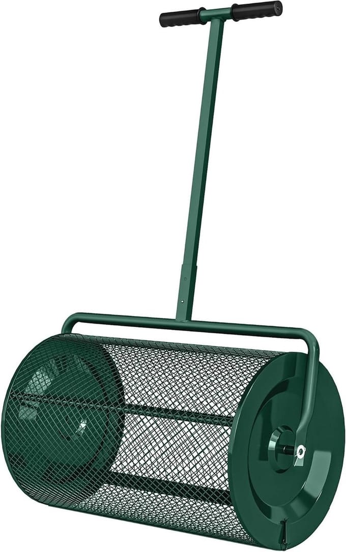 Compost Strooier - Grondverbeteraar Roller - Gazon Egaliseren - Verstelbare Handgreep - 75 Liter - Groen