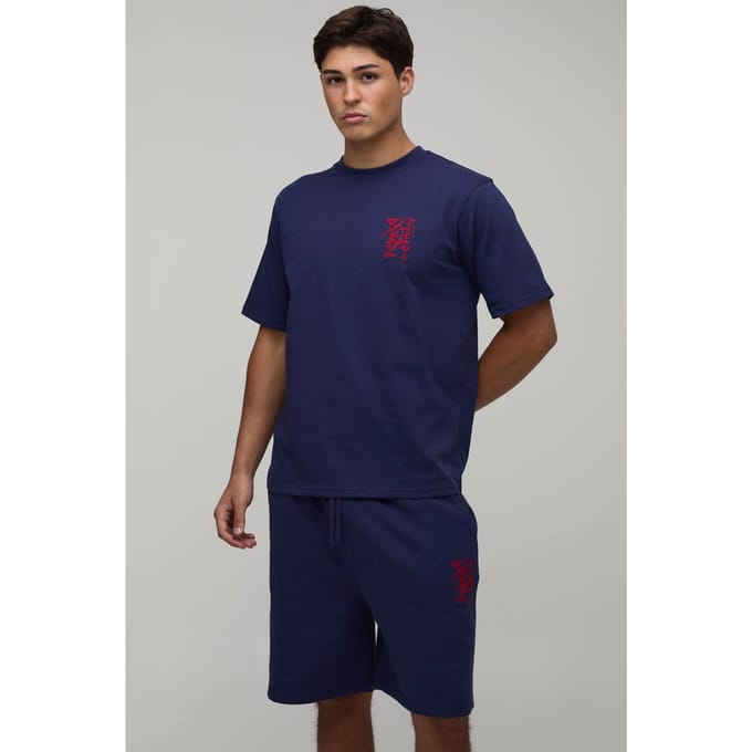 Regular Fit T-shirt Met Geborduurd Kreeftmotief & Regular Fit Short Set | Navy | Size Medium