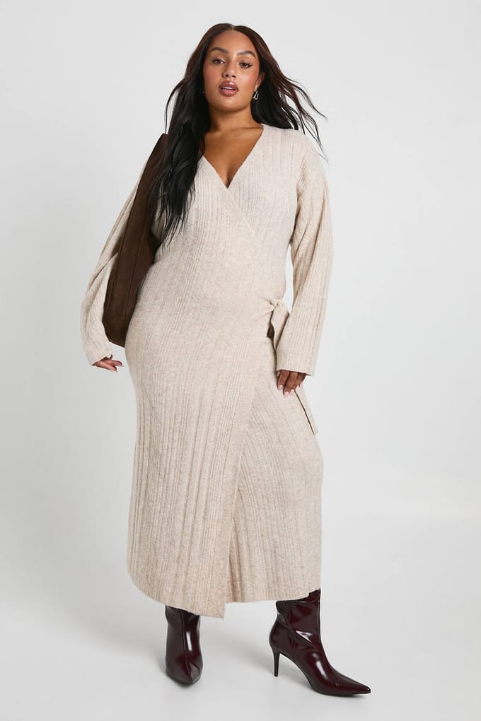 boohoo Dames Plus Lichtgewicht Mixed Rib Wrap Jurk | Taupe | Maat: 52