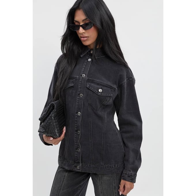 boohoo Dames Denim jasje met getailleerde taille | Washed Black | Maat: 14