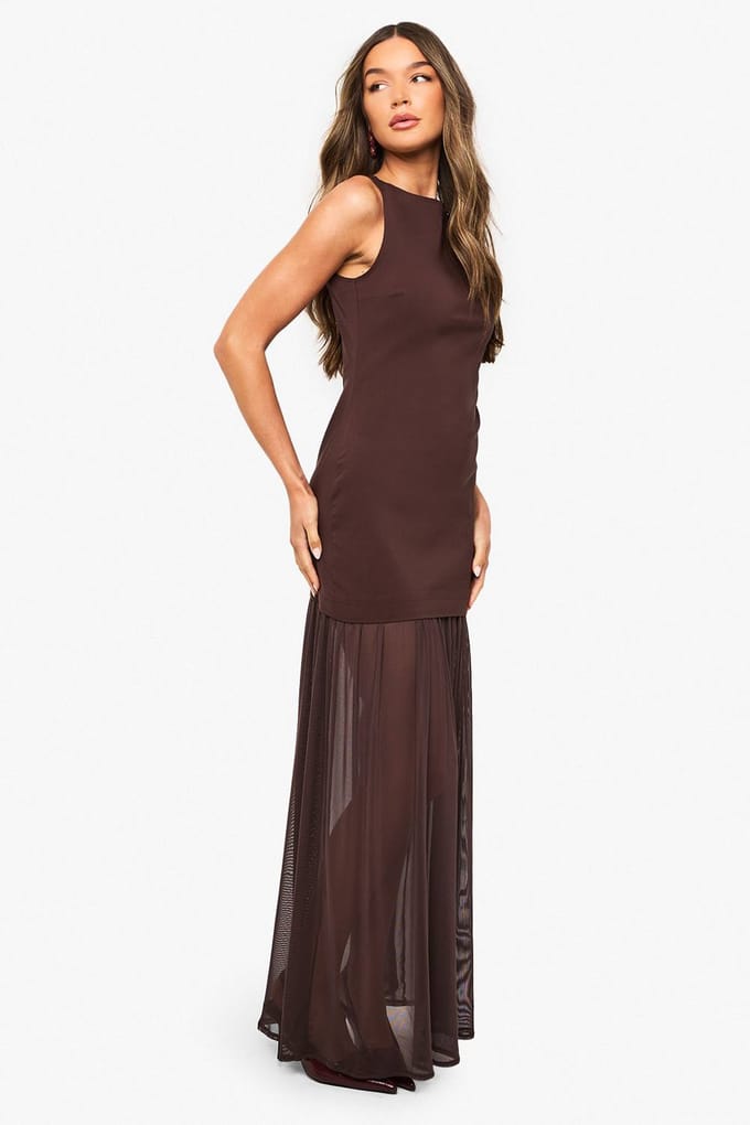boohoo Dames Sheer Hem Mouwloze Maxi Jurk | Chocolate | Maat: 12