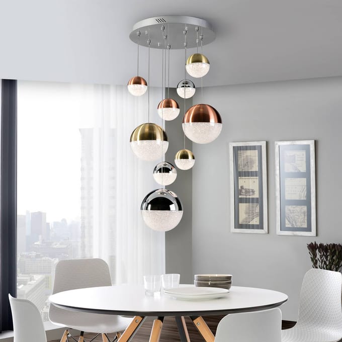 Schuller Valencia LED hanglamp Sphere, 9-lamps, dimbaar, Ø 50 cm, meerkleurig
