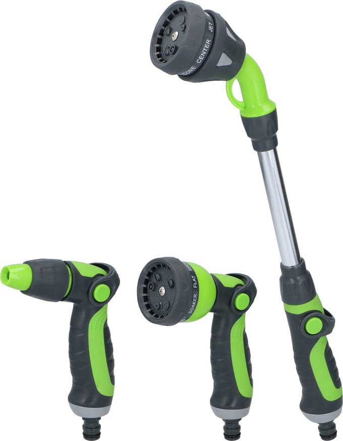 Kinzo 3-Delige Sproeikop Set Tuinslang - Spuitpistool, Sproeipistool en Uitschuifbare Sproeikop 15" - 8 Sproei Standen - Aansluiting Tuinslang - Groen/Zwart