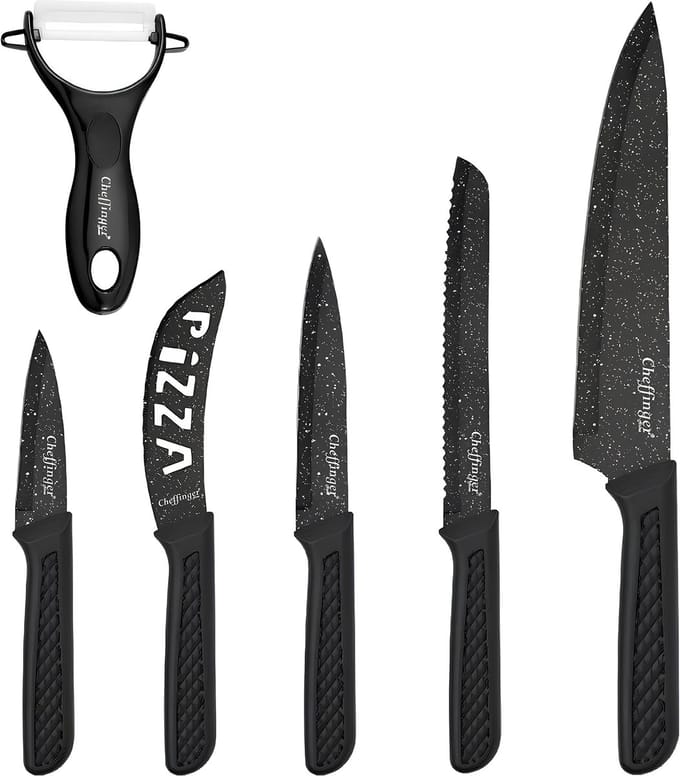 Cheffinger, Set van 6 Messen met Schiller en Antiaanbak Pizzames, Zwart