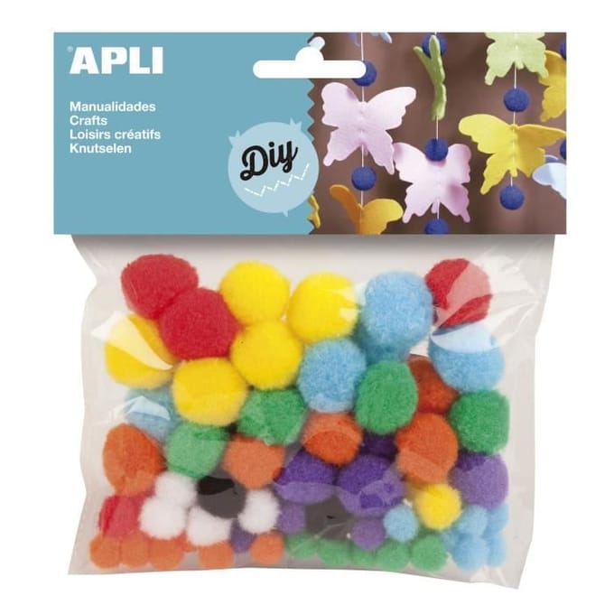 Sachet de 78 pompons APLI - Couleurs assorties - Idéal pour toutes sortes de créations blanc