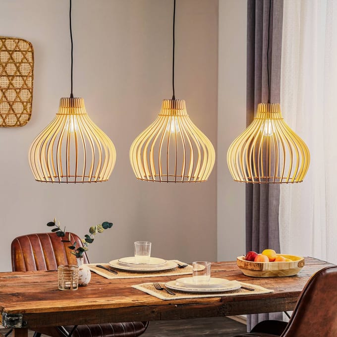 TEMAR LIGHTING Hanglamp Barrel met houten kappen, 3-lamps lang