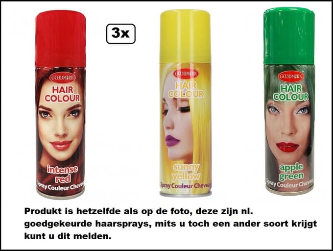 3x Haarspray rood/geel/groen 125 ml