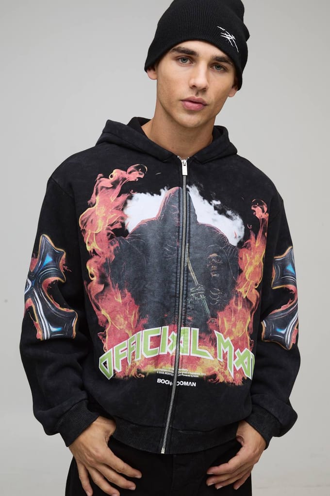 Oversized Boxy Acid Wash Gothic Graphic Zip Through Hoodie | Black | Size Medium