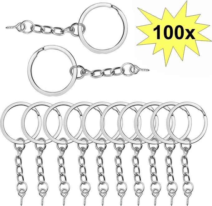Fako Bijoux - Sleutelringen Met Schroefje - Sleutelhanger Ringen - Splitringen Met Ketting - RVS - Plat - 30 mm - 100 Stuks