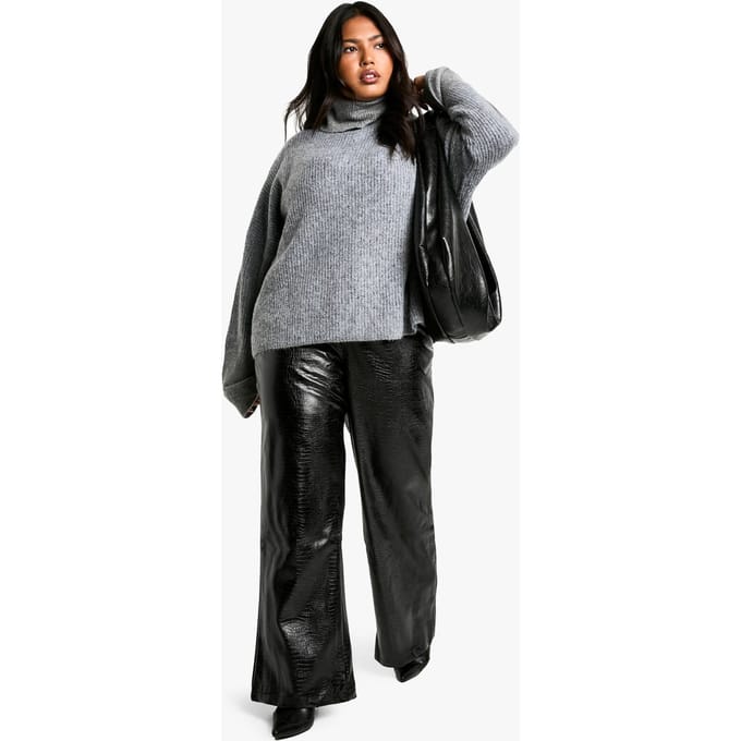 boohoo Dames Plus Croc Pu Straight Leg Broek | Black | Maat: 16
