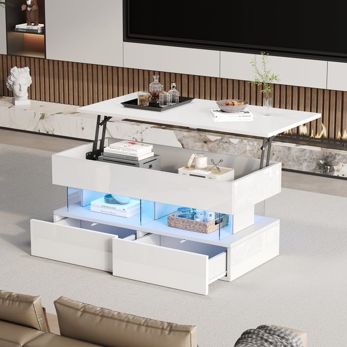 Salontafel - 100 x 50 x 46 cm - Verstelbare Salontafel met Opbergruimte en LED - MDF/Acryl - Wit