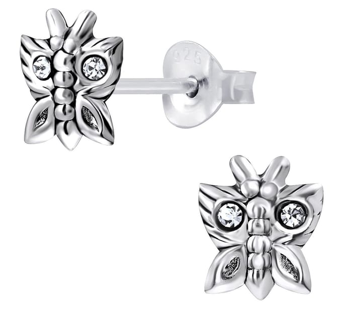 Joy|S - Zilveren vlinder oorbellen - geoxideerd - kristal - 7 x 8 mm