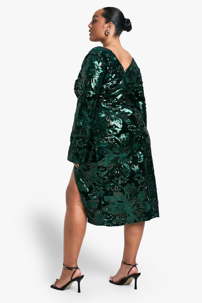 boohoo Dames Plus Velvet Demask Wrap Midi-jurk | Emerald | Maat: 28