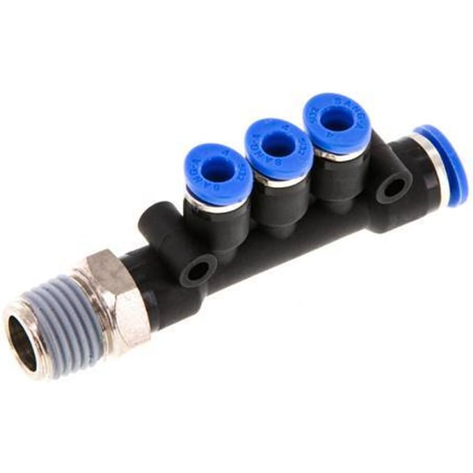 4mm x 6mm x R1/4'' 3-way Manifold Messing/PA 66 Insteekfitting Buitendraad Draaibaar NBR