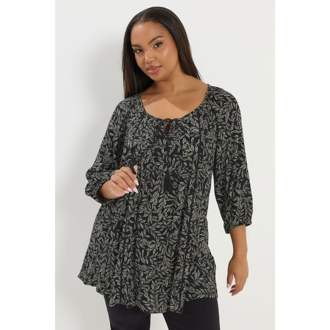 Yours Zwarte Top Met Bladprint En Strik Aan De Hals Size 46