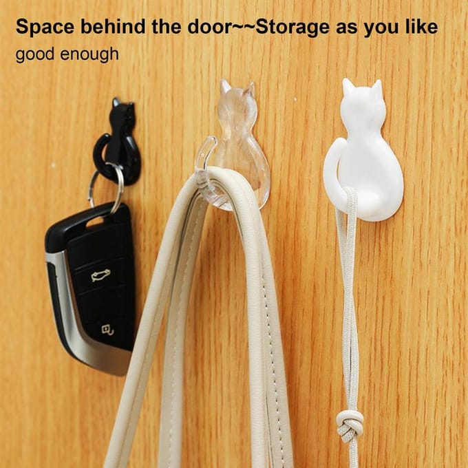 2 stuks Cartoon Kat Vorm Muurhaken Zelfklevende Kat Decoratieve Sleutelhouder Hanger Ponsvrije Muurmontage Sleutelhouders Decor transparant