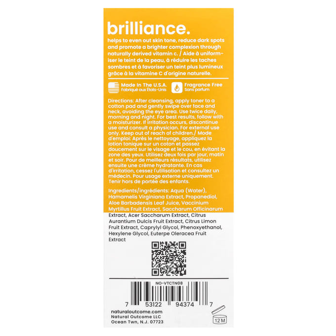 Natural Outcome, Vitamin C, C-Brilliance Brightening Toner, fragrance-free, 235ml (8oz) white