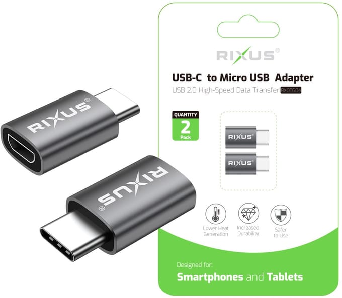 Rixus USB-C To Micro USB OTG Adapter Space Gray (2-Pack)