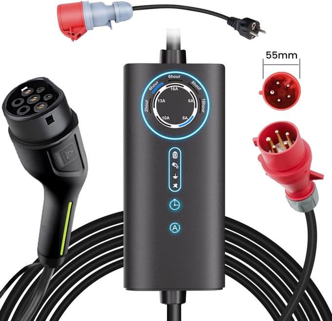 Hexinex Mobiele Thuislader 11kW - CEE naar Type 2 stekker EV oplader - 6 meter Laadkabel - 6A/8A/10A/13A/16A Huidige instelling - Schuko-adapter