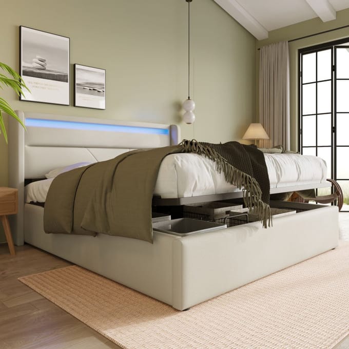 STILVORA Gestoffeerd Bed 140x200 cm - Bed met Hydraulische Opbergruimte en LED Verlichting - PU - Wit