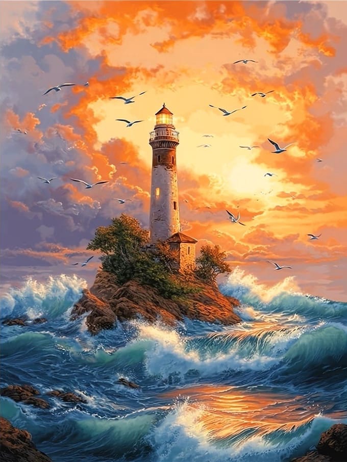 40x30cm Diamond Painting vuurtoren storm (vierkant) nr 162