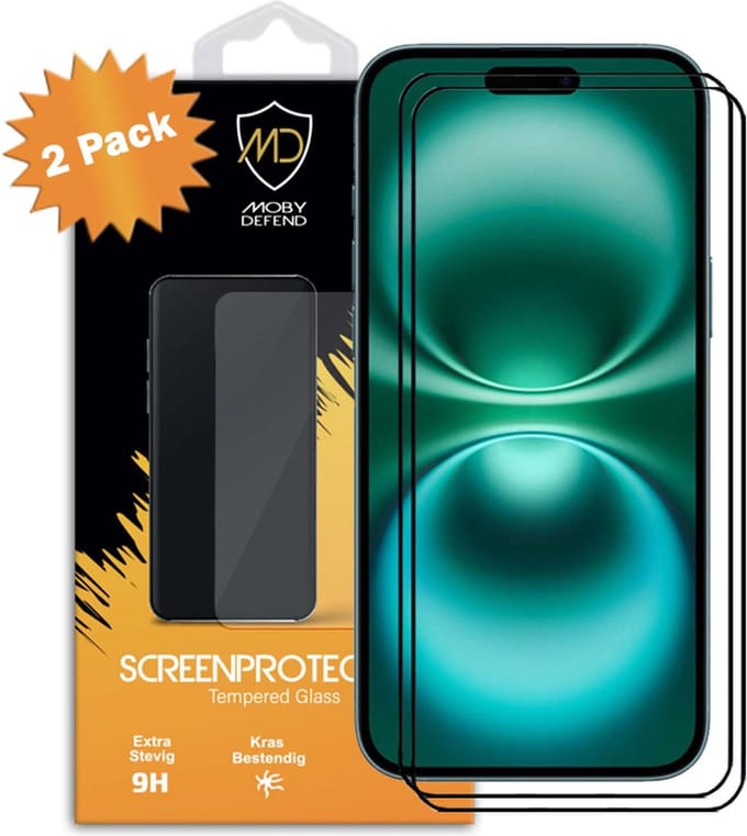 2-Pack MobyDefend Screenprotectors - Geschikt voor iPhone 16 Plus - Screensavers Met Zwarte Randen - Gehard Glas