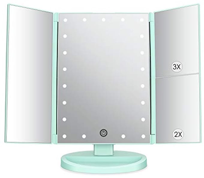 Verlichte Tri-Fold Make-up Spiegel met LED Verlichting, Touchscreen en Vergroting