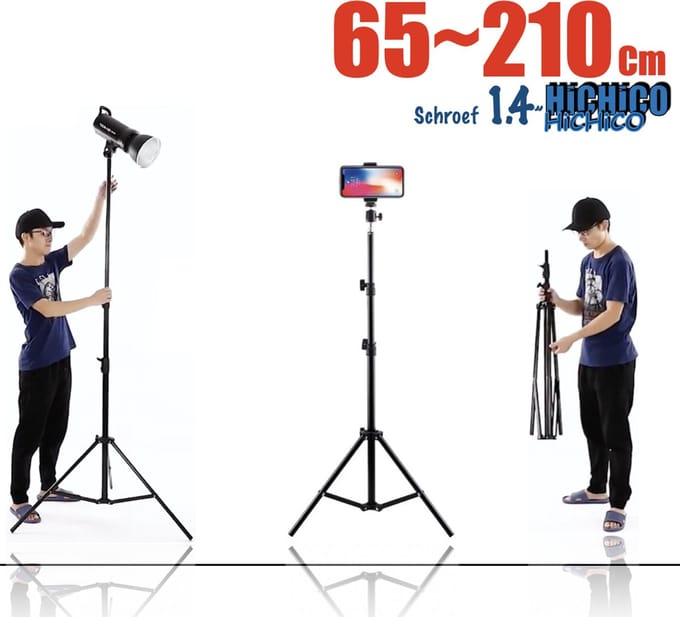 Smartphone Tripod - Camera Statief 210cm + Telefoonhouder, 360 ° Draaigreep horizontaal, GoPro adapter en Bluetooth Remote Shutter – HiCHiCO®