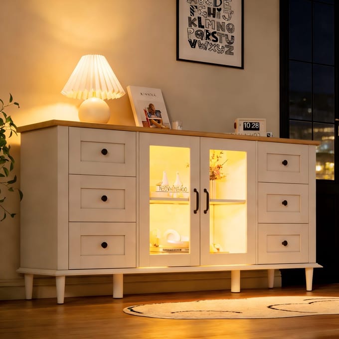 Dressoir - 150x40x75 cm - Met 2 Acryl Deuren 6 Laden LED - Multifunctioneel - Hout - Wit Natuur