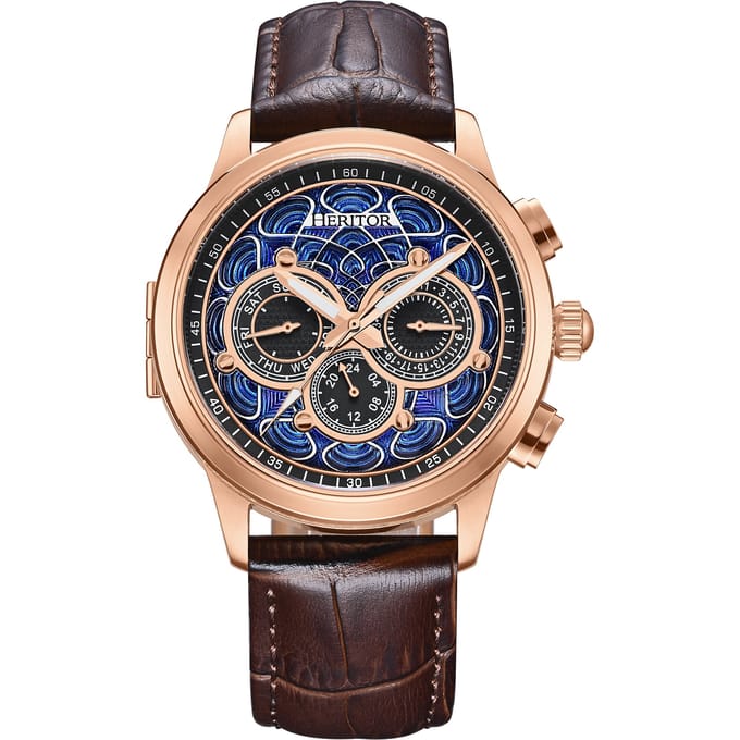Heritor Automatic Apostle horloge met leren band en dag-/datumfunctie - roségoud/bruin